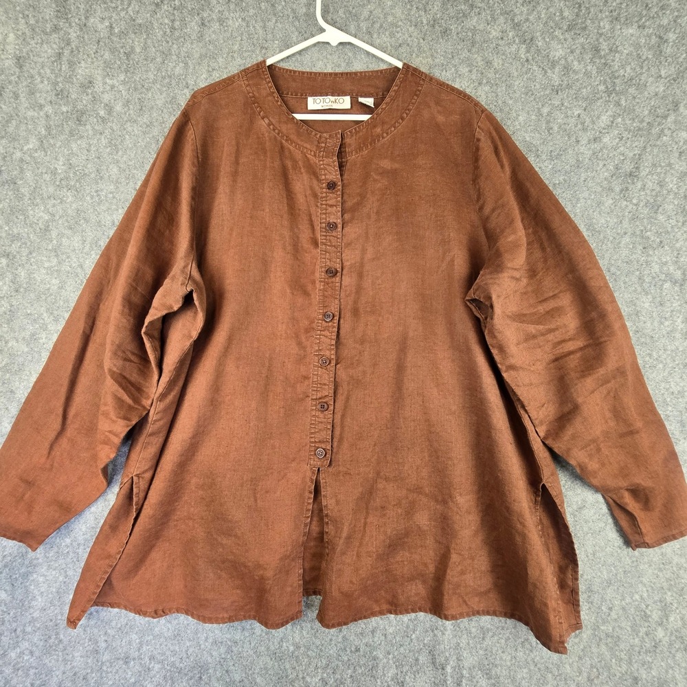 Totonko Woman Shirt Women 2X Brown Relaxed 100% Linen Band Collar Tunic